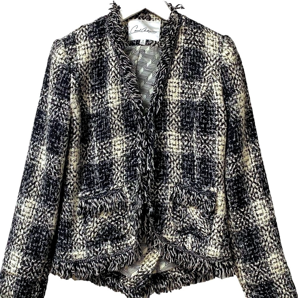 CABI Tweed Fringe Blazer Size 2  Luxury Jacket Black Cream Carol Anderson